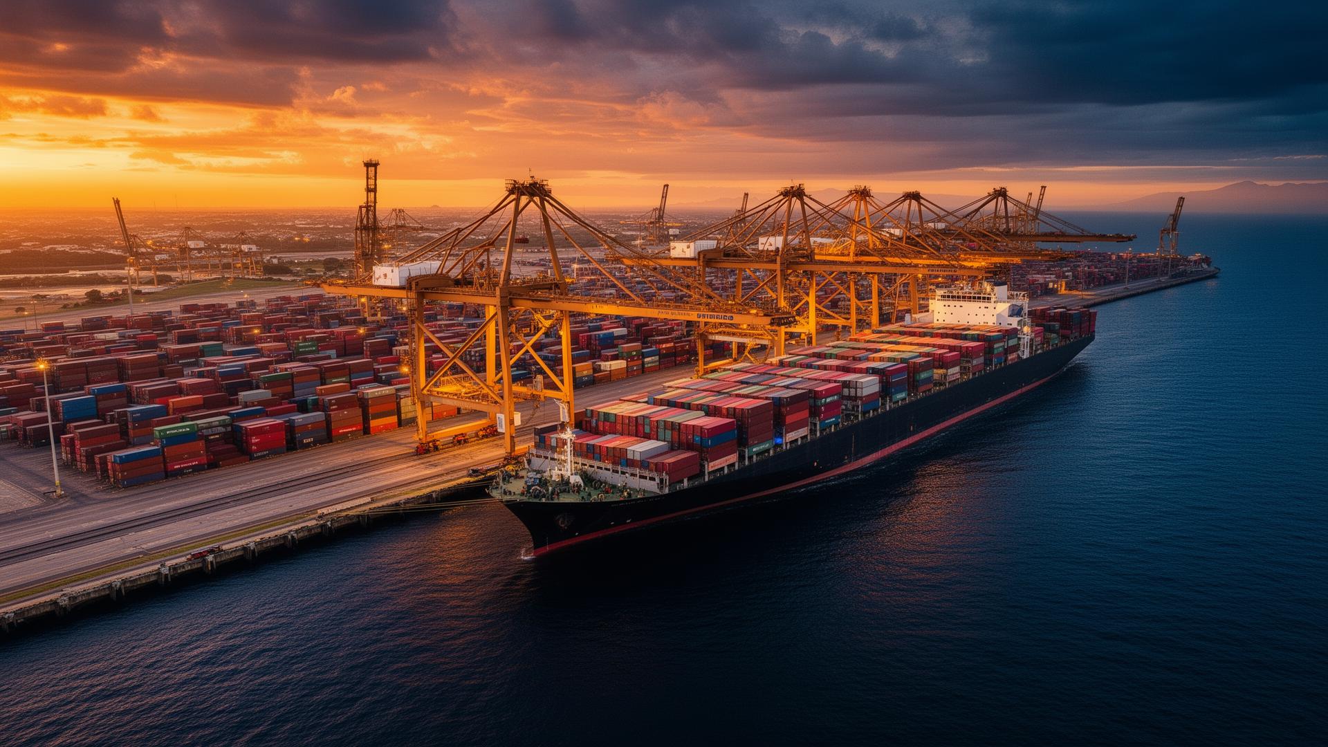 Terminal portuário com navios e guindastes ao entardecer